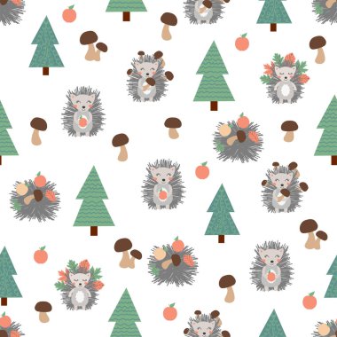 Kirpili, mantarlı ve ağaçlı hoş, pürüzsüz bir desen. El çizimi.