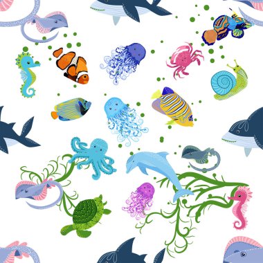 Deniz hayatı, balıklar, hayvanlar parlak, pürüzsüz desenler. Deniz yolculuğu, sualtı dalış yapan tropikal balıklar. Denizanası, balina, köpekbalığı, denizatı, palyaço balığı, yunus, kaplumbağa imparatoru balık ahtapot vatoz vatozu