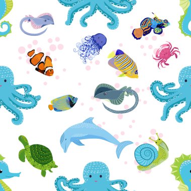 Deniz hayatı, balıklar, hayvanlar parlak, pürüzsüz desenler. Deniz yolculuğu, sualtı dalış yapan tropikal balıklar. Denizanası, balina, köpekbalığı, denizatı, palyaço balığı, yunus, kaplumbağa imparatoru balık ahtapot vatoz vatozu