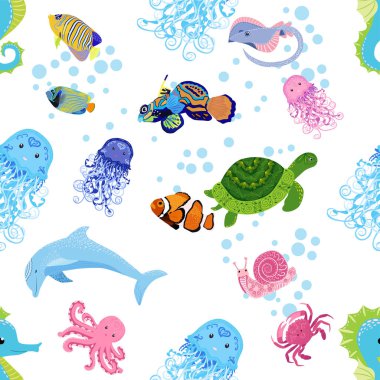 Deniz hayatı, balıklar, hayvanlar parlak, pürüzsüz desenler. Deniz yolculuğu, sualtı dalış yapan tropikal balıklar. Denizanası, balina, köpekbalığı, denizatı, palyaço balığı, yunus, kaplumbağa imparatoru balık ahtapot vatoz vatozu
