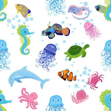 Deniz hayatı, balıklar, hayvanlar parlak, pürüzsüz desenler. Deniz yolculuğu, sualtı dalış yapan tropikal balıklar. Denizanası, balina, köpekbalığı, denizatı, palyaço balığı, yunus, kaplumbağa imparatoru balık ahtapot vatoz vatozu