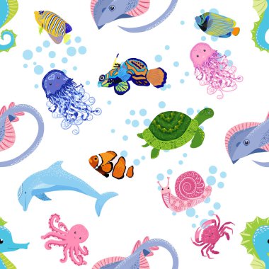 Deniz hayatı, balıklar, hayvanlar parlak, pürüzsüz desenler. Deniz yolculuğu, sualtı dalış yapan tropikal balıklar. Denizanası, balina, köpekbalığı, denizatı, palyaço balığı, yunus, kaplumbağa imparatoru balık ahtapot vatoz vatozu