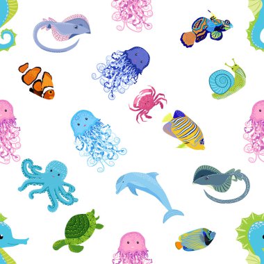 Deniz hayatı, balıklar, hayvanlar parlak, pürüzsüz desenler. Deniz yolculuğu, sualtı dalış yapan tropikal balıklar. Denizanası, balina, köpekbalığı, denizatı, palyaço balığı, yunus, kaplumbağa imparatoru balık ahtapot vatoz vatozu