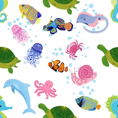 Deniz hayatı, balıklar, hayvanlar parlak, pürüzsüz desenler. Deniz yolculuğu, sualtı dalış yapan tropikal balıklar. Denizanası, balina, köpekbalığı, denizatı, palyaço balığı, yunus, kaplumbağa imparatoru balık ahtapot vatoz vatozu