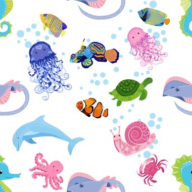 Deniz hayatı, balıklar, hayvanlar parlak, pürüzsüz desenler. Deniz yolculuğu, sualtı dalış yapan tropikal balıklar. Denizanası, balina, köpekbalığı, denizatı, palyaço balığı, yunus, kaplumbağa imparatoru balık ahtapot vatoz vatozu