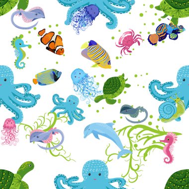Deniz hayatı, balıklar, hayvanlar parlak, pürüzsüz desenler. Deniz yolculuğu, sualtı dalış yapan tropikal balıklar. Denizanası, balina, köpekbalığı, denizatı, palyaço balığı, yunus, kaplumbağa imparatoru balık ahtapot vatoz vatozu