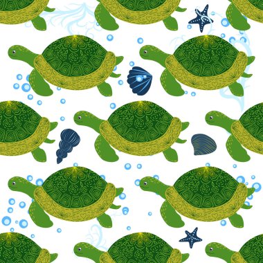 Kaplumbağa yeşili pürüzsüz desen, deniz kabukları arasında güzel bir karakter, deniz yosunu, denizyıldızı, deniz hayvanları, vahşi yaşam. Su altında doğa, okyanus hayvanat bahçesinde deniz yaban balığı.