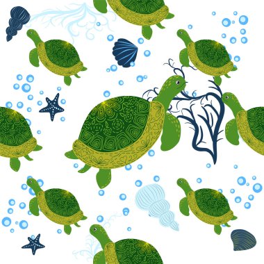 Kaplumbağa yeşili pürüzsüz desen, deniz kabukları arasında güzel bir karakter, deniz yosunu, denizyıldızı, deniz hayvanları, vahşi yaşam. Su altında doğa, okyanus hayvanat bahçesinde deniz yaban balığı.