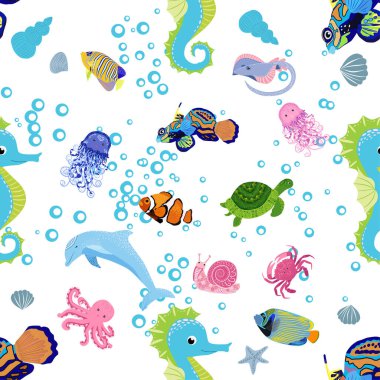 Deniz hayatı, balıklar, hayvanlar parlak, pürüzsüz desenler. Deniz yolculuğu, sualtı dalış yapan tropikal balıklar. Denizanası, balina, köpekbalığı, denizatı, palyaço balığı, yunus, kaplumbağa imparatoru balık ahtapot vatoz vatozu