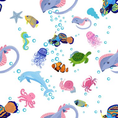Deniz hayatı, balıklar, hayvanlar parlak, pürüzsüz desenler. Deniz yolculuğu, sualtı dalış yapan tropikal balıklar. Denizanası, balina, köpekbalığı, denizatı, palyaço balığı, yunus, kaplumbağa imparatoru balık ahtapot vatoz vatozu