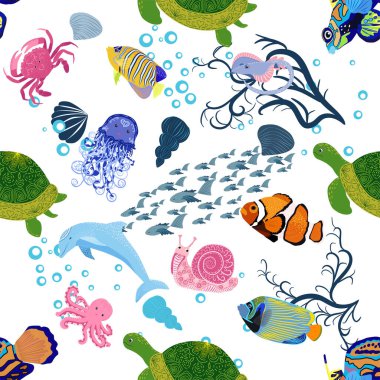 Deniz hayatı, balıklar, hayvanlar parlak, pürüzsüz desenler. Deniz yolculuğu, sualtı dalış yapan tropikal balıklar. Denizanası, balina, köpekbalığı, denizatı, palyaço balığı, yunus, kaplumbağa imparatoru balık ahtapot vatoz vatozu