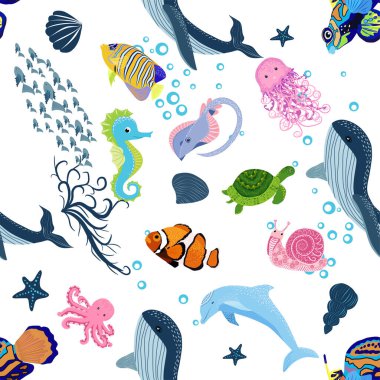 Deniz hayatı, balıklar, hayvanlar parlak, pürüzsüz desenler. Deniz yolculuğu, sualtı dalış yapan tropikal balıklar. Denizanası, balina, köpekbalığı, denizatı, palyaço balığı, yunus, kaplumbağa imparatoru balık ahtapot vatoz vatozu