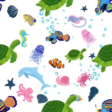 Deniz hayatı, balıklar, hayvanlar parlak, pürüzsüz desenler. Deniz yolculuğu, sualtı dalış yapan tropikal balıklar. Denizanası, balina, köpekbalığı, denizatı, palyaço balığı, yunus, kaplumbağa imparatoru balık ahtapot vatoz vatozu