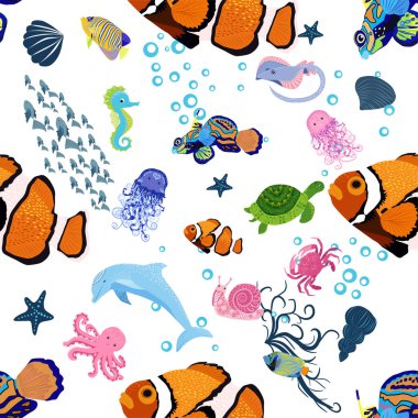 Deniz hayatı, balıklar, hayvanlar parlak, pürüzsüz desenler. Deniz yolculuğu, sualtı dalış yapan tropikal balıklar. Denizanası, balina, köpekbalığı, denizatı, palyaço balığı, yunus, kaplumbağa imparatoru balık ahtapot vatoz vatozu