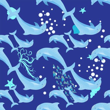 Yunus, deniz sakinleri kusursuz desen, deniz kabukları, algler, denizyıldızı, deniz yaban hayatı arasında güzel bir karakter..