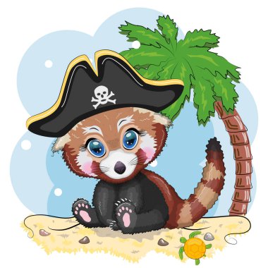 Kızıl panda korsanı, oyunun çizgi film karakteri, bandana takmış vahşi bir ayı ve göz bandı takmış kafatası olan bir horoz şapkası. Sahilde parlak gözlü, palmiyeli bir karakter.