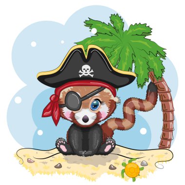 Kızıl panda korsanı, oyunun çizgi film karakteri, bandana takmış vahşi bir ayı ve göz bandı takmış kafatası olan bir horoz şapkası. Sahilde parlak gözlü, palmiyeli bir karakter.