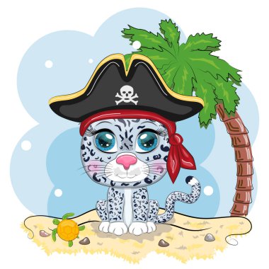 Kar leoparı korsanı, oyunun çizgi film karakteri, bandana takmış vahşi bir kedi ve kafataslı bir şapka, göz bandı. Sahilde parlak gözlü, palmiyeli bir karakter.