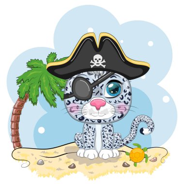 Kar leoparı korsanı, oyunun çizgi film karakteri, bandana takmış vahşi bir kedi ve kafataslı bir şapka, göz bandı. Sahilde parlak gözlü, palmiyeli bir karakter.