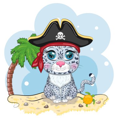 Kar leoparı korsanı, oyunun çizgi film karakteri, bandana takmış vahşi bir kedi ve kafataslı bir şapka, göz bandı. Sahilde parlak gözlü, palmiyeli bir karakter.