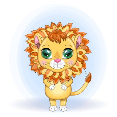 Çizgi film aslanı, etkileyici gözleri var. Vahşi hayvanlar, karakter, çocuksu şirin bir tarz..