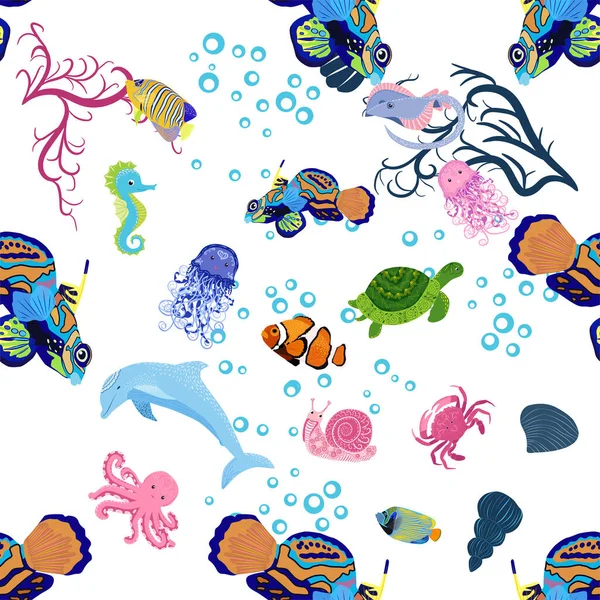 Vie Marine Poissons Animaux Motif Lumineux Sans Couture Voyage Mer — Image vectorielle