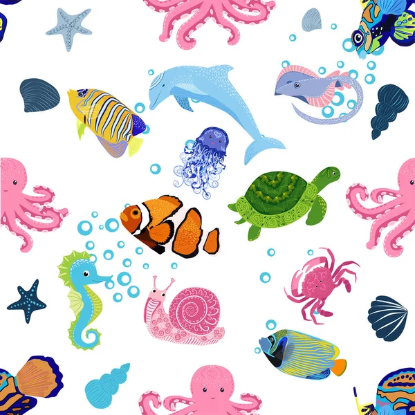 Marine Life Fish Animals Bright Seamless Pattern Sea Travel Underwater — Stock Vector