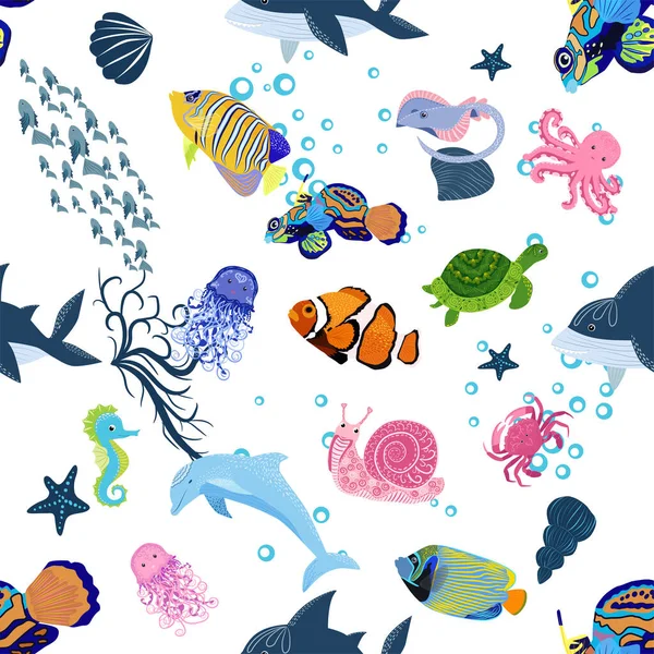 Marine Life Fish Animals Bright Seamless Pattern Sea Travel Underwater — Stock Vector