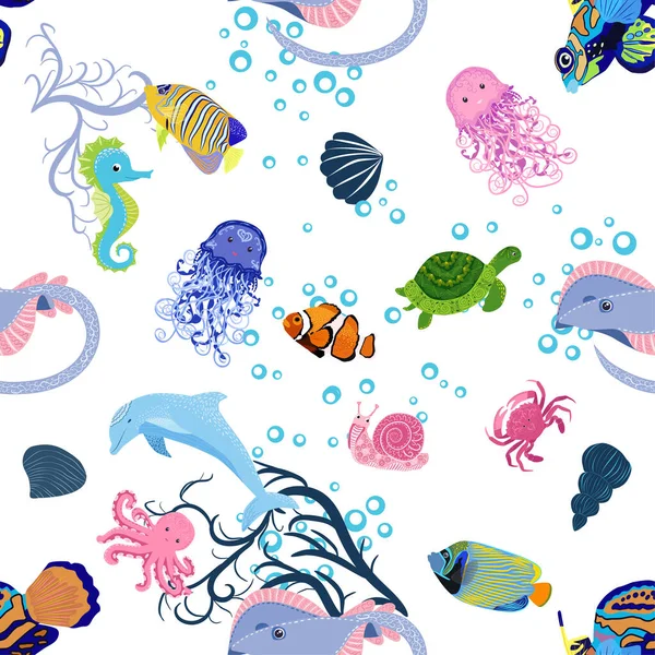 Meereslebewesen Fische Tiere Helles Nahtloses Muster Meeresreisen Unterwassertauchen Tier Tropischen — Stockvektor