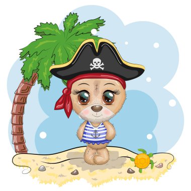 Oyuncak ayı korsanı, oyunun çizgi film karakteri, bandana takmış vahşi bir hayvan ve kafataslı, göz bandı takmış bir şapka. Sahilde parlak gözlü, palmiyeli bir karakter.