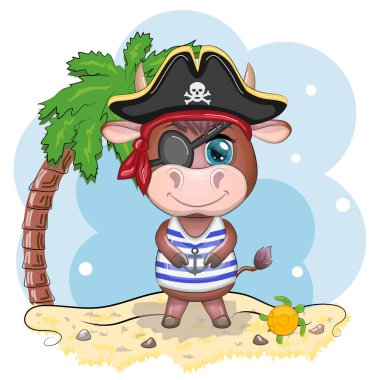 Boğa, inek korsanı, oyunun çizgi film karakteri, bandana takmış vahşi bir hayvan ve kafataslı, göz bandı takmış bir şapka. Sahilde parlak gözlü, palmiyeli bir karakter.