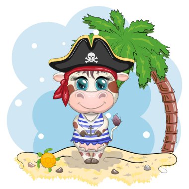 Boğa, inek korsanı, oyunun çizgi film karakteri, bandana takmış vahşi bir hayvan ve kafataslı, göz bandı takmış bir şapka. Sahilde parlak gözlü, palmiyeli bir karakter.