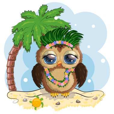 Baykuş gibi çizgi film karakteri hula renginde tatil konsepti, Hawaii 'de palmiye ağaçlı bir dansçı.