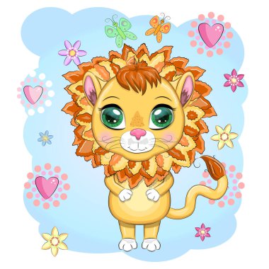 Çizgi film aslanı, çiçekli anlamlı gözleri var. Vahşi hayvanlar, karakter, çocuksu şirin bir tarz.