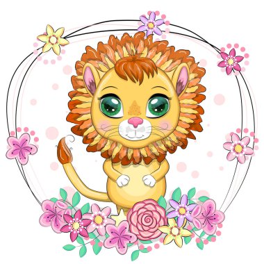 Çizgi film aslanı, çiçekli anlamlı gözleri var. Vahşi hayvanlar, karakter, çocuksu şirin bir tarz.