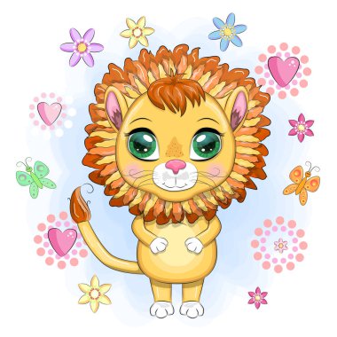 Çizgi film aslanı, çiçekli anlamlı gözleri var. Vahşi hayvanlar, karakter, çocuksu şirin bir tarz.