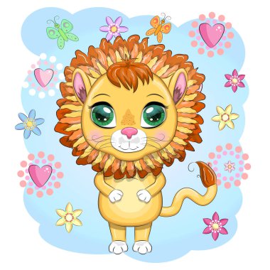 Çizgi film aslanı, çiçekli anlamlı gözleri var. Vahşi hayvanlar, karakter, çocuksu şirin bir tarz.