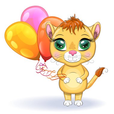 Çocukların parlak tarzında, balonlu, kocaman gözleri olan sevimli çizgi film aslanı tebrik kartı.