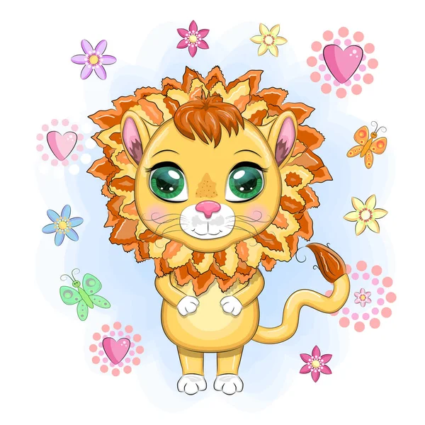 Çizgi film aslanı, çiçekli anlamlı gözleri var. Vahşi hayvanlar, karakter, çocuksu şirin bir tarz.