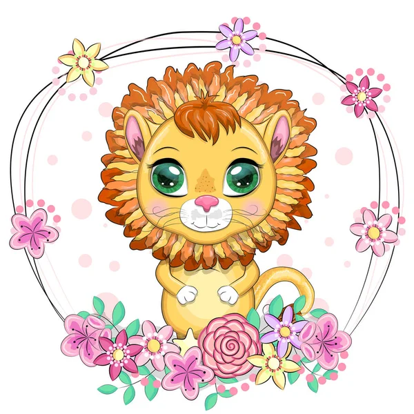 花で表現力豊かな目で漫画ライオン 野生動物 キャラクター 子供っぽいかわいいスタイル — ストックベクタ