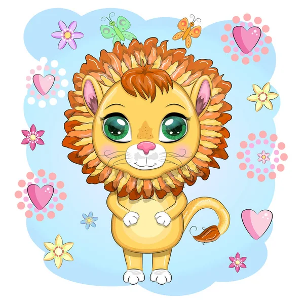 Çizgi film aslanı, çiçekli anlamlı gözleri var. Vahşi hayvanlar, karakter, çocuksu şirin bir tarz.