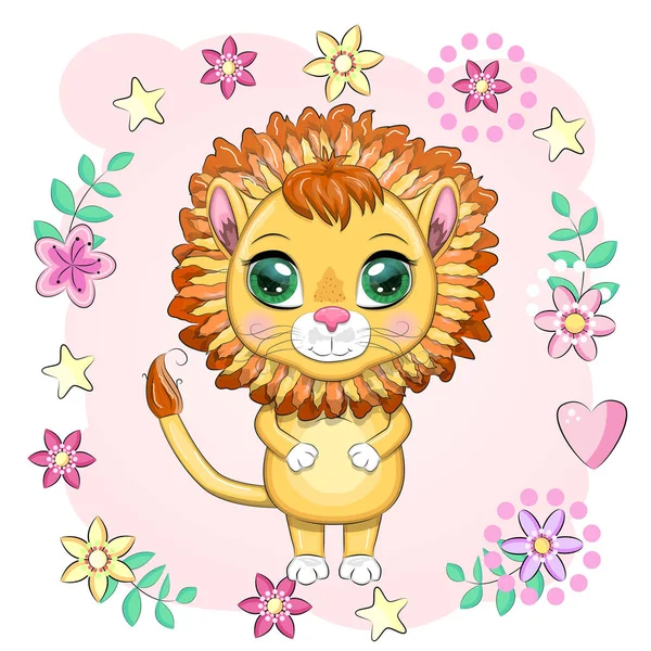Kreslený Lev Výraznýma Očima Květinami Wild Animals Character Childish Cute — Stockový vektor