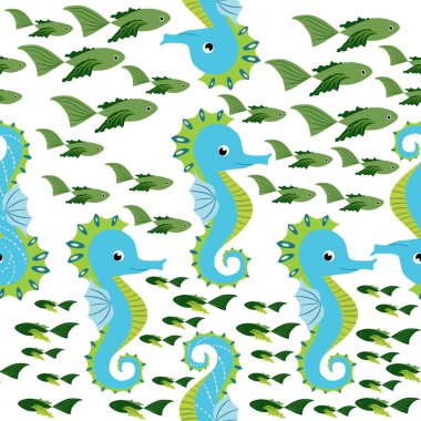 Deniz atı ve denizyıldızı desenleri. Deniz hayatı yaz geçmişi. Tatlı deniz yaşamı. Kumaş ve dekor için tasarım.