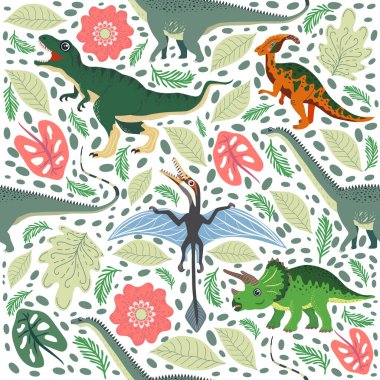 Dinozorlar, tropikal yapraklar ve çiçeklerle el çizimi kusursuz desen. Çocuklar için mükemmel kumaş, tekstil, çocuk odası duvar kâğıdı. Şirin dino tasarımı.