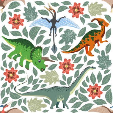 Dinozorlar, tropikal yapraklar ve çiçeklerle el çizimi kusursuz desen. Çocuklar için mükemmel kumaş, tekstil, çocuk odası duvar kâğıdı. Şirin dino tasarımı.