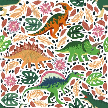 Dinozorlar, tropikal yapraklar ve çiçeklerle el çizimi kusursuz desen. Çocuklar için mükemmel kumaş, tekstil, çocuk odası duvar kâğıdı. Şirin dino tasarımı.