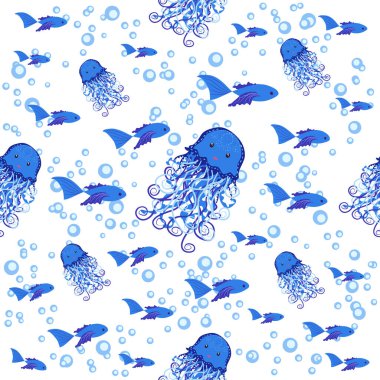 Denizanası, parlak, pürüzsüz desenli. Detaylı denizanasıyla kusursuz desen. Sevimli eller çizilmiş balıklar ve karalama tarzında denizanaları. Moda çocuk odası arka planı.