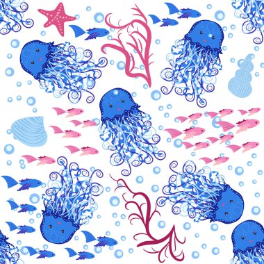 Denizanası, parlak, pürüzsüz desenli. Detaylı denizanasıyla kusursuz desen. Sevimli eller çizilmiş balıklar ve karalama tarzında denizanaları. Moda çocuk odası arka planı.