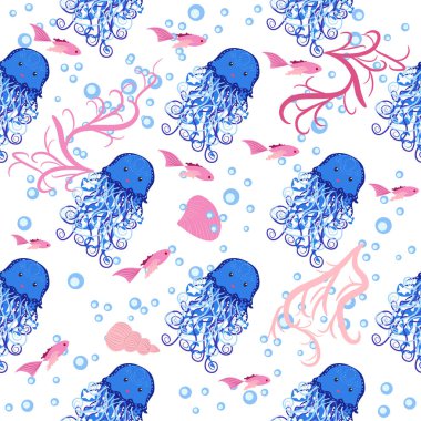 Denizanası, parlak, pürüzsüz desenli. Detaylı denizanasıyla kusursuz desen. Sevimli eller çizilmiş balıklar ve karalama tarzında denizanaları. Moda çocuk odası arka planı.
