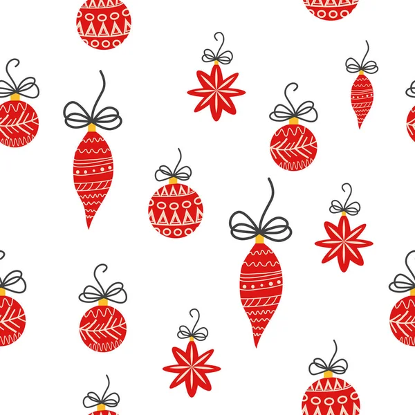 手绘无缝图案 手绘可爱的圣诞树装饰品 新年彩印 — 图库矢量图片